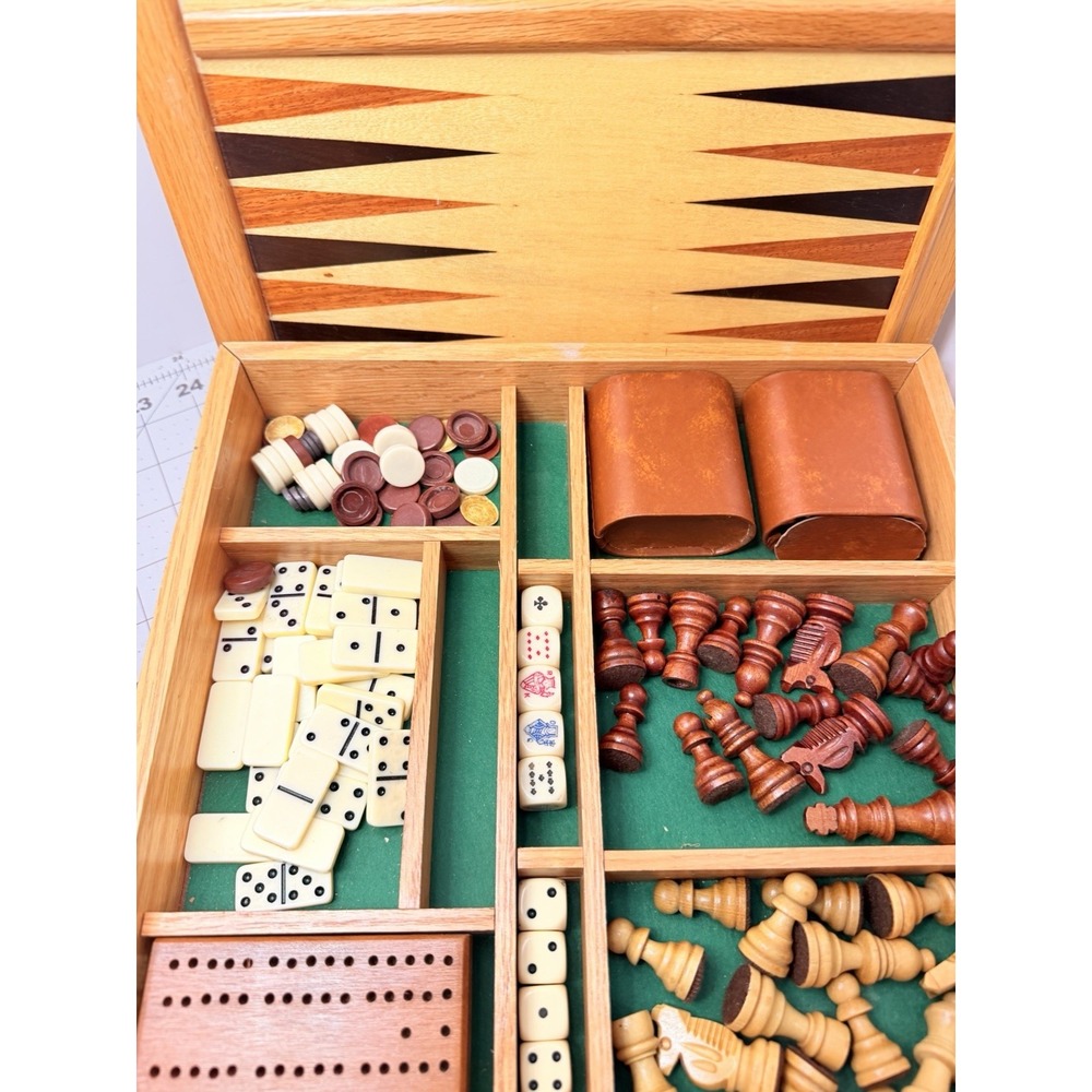 Vintage Wooden 5-in-1 Combo Game Set Chess Backgammon Cribbage Dominoes Checkers - Picture 6 of 12